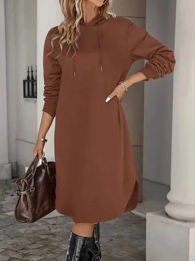 Women's Hooded Long sleeved Solid Color Dress Dark Brown - Shop at LoveMi