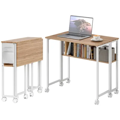 Folding Computer Desk, Foldable Desk With Storage Bag, Shelf And Wheels For Small Spaces, Home Office, Natural Wood Natural Wood - Shop at LoveMi