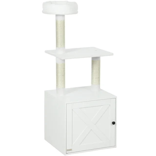 Cat Tree With Litter Box Enclosure, Scratching Posts, Bed, Climbing Platforms For Indoor Cats, White White - Shop at LoveMi
