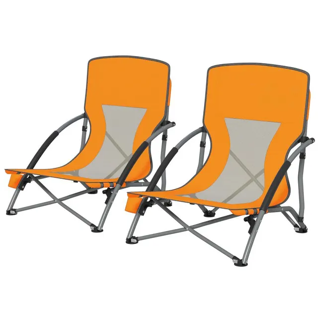 Set Of 2 Folding Beach Chairs With Mesh Back, Carry Bag And Cup Holder For Outdoor Camping Lawn Sports Picnic Orange Orange - Shop at LoveMi