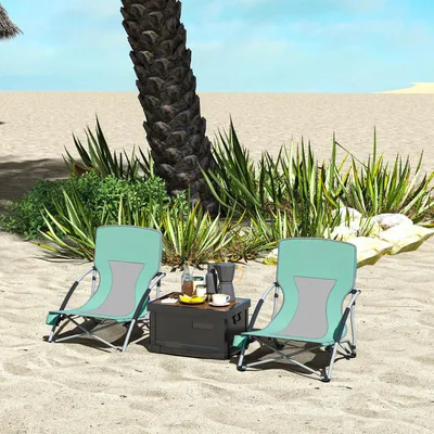 Set Of 2 Folding Beach Chairs With Mesh Back, Carry Bag And Cup Holder For Outdoor Camping Lawn Sports Picnic Turquoise Turquoise - Shop at LoveMi