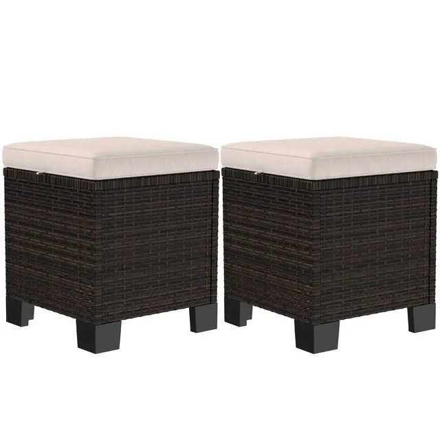Wicker Outdoor Ottomans With Cushions, Rattan Ottoman Footrest And Side Table For Patio, Yard, Poolside, Cream Cream - Shop at LoveMi