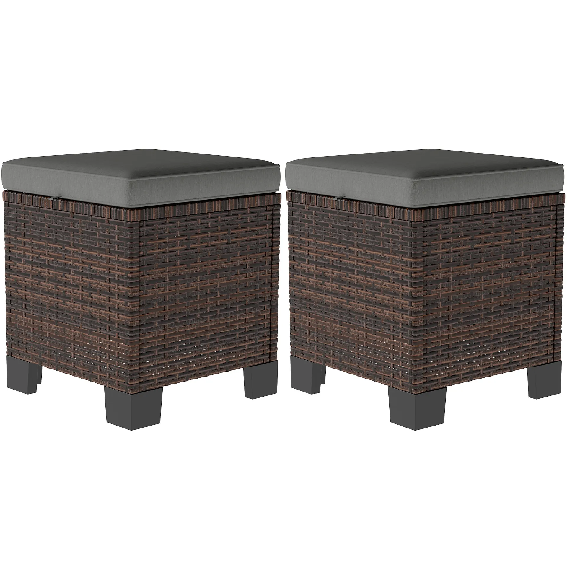 Wicker Outdoor Ottomans With Cushions, Rattan Ottoman Footrest And Side Table For Patio, Yard, Poolside, Gray - Gray