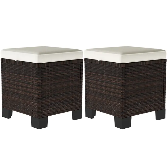 Wicker Outdoor Ottomans With Cushions, Rattan Ottoman Footrest And Side Table For Patio, Yard, Poolside, Beige Beige - Shop at LoveMi
