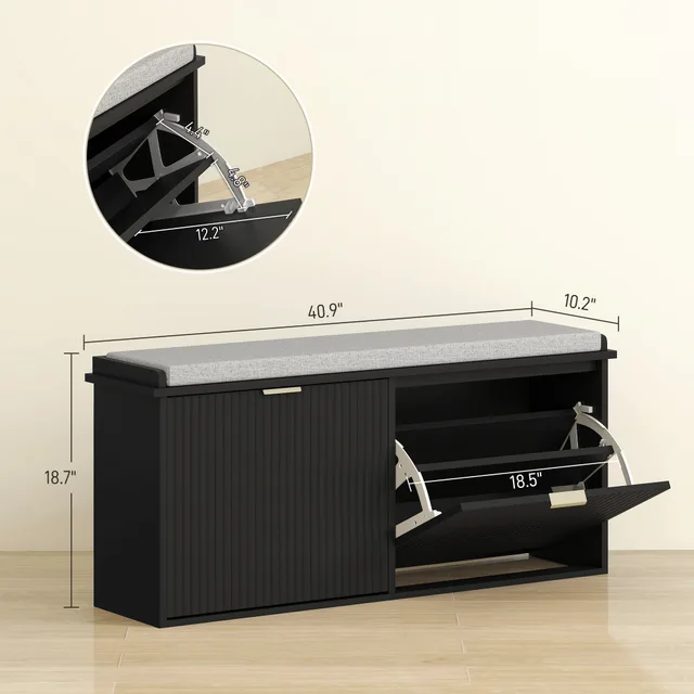 Shoe Storage Bench With Padded Seat Cushion And Flip Drawer, Entryway Bench, Shoe Cabinet, 40.9x10.2x18.7 Inches, Black Black - Shop at LoveMi