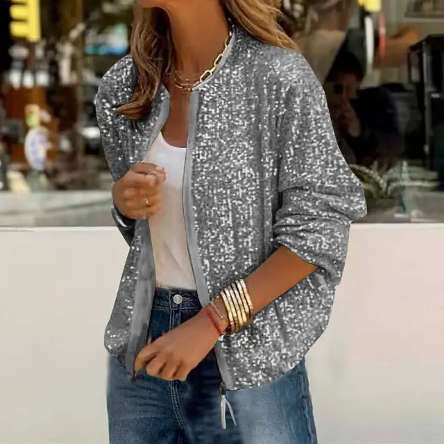 Casual Fashion Sequin Short Zipper Jacket Gray - Shop at LoveMi