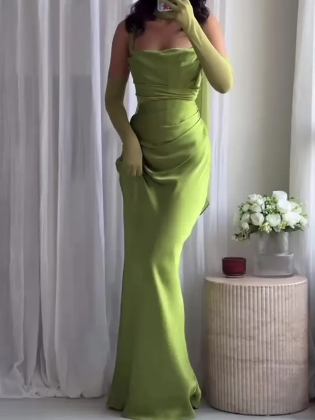 Elegant Pleated Suspender Maxi Dress Green - Shop at LoveMi
