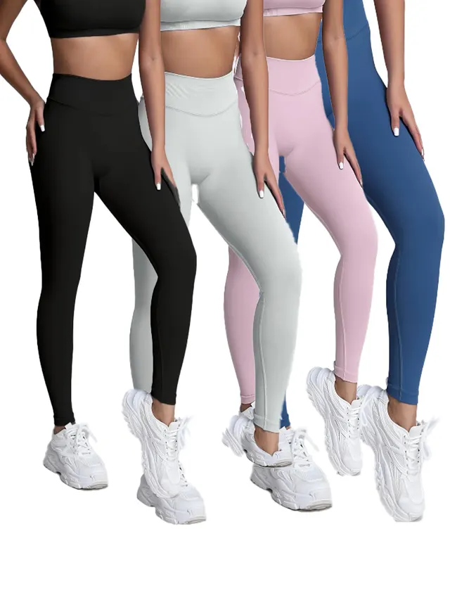 4 Pack Yoga Pants High Stretch Naked Feel, Tummy Control Pink Black Blue Grey - Shop at LoveMi