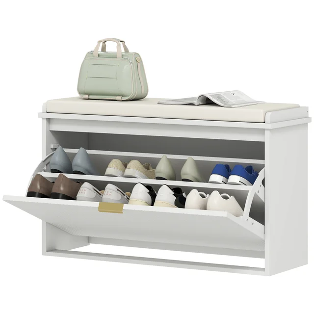 Shoe Storage Bench With Padded Seat Cushion And Flip Drawer, Entryway Bench, Shoe Cabinet, 31.5x10.2x18.7 Inches, White White - Shop at LoveMi