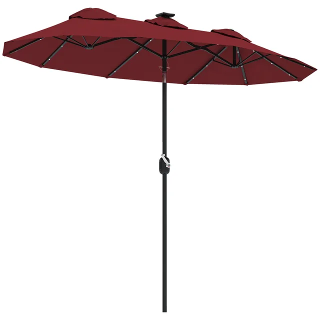 Double sided Patio Umbrella, 9.7' Outdoor Umbrella With Tilt And Crank, LED Solar Light And 12 Ribs, Wine Red Red - Shop at LoveMi