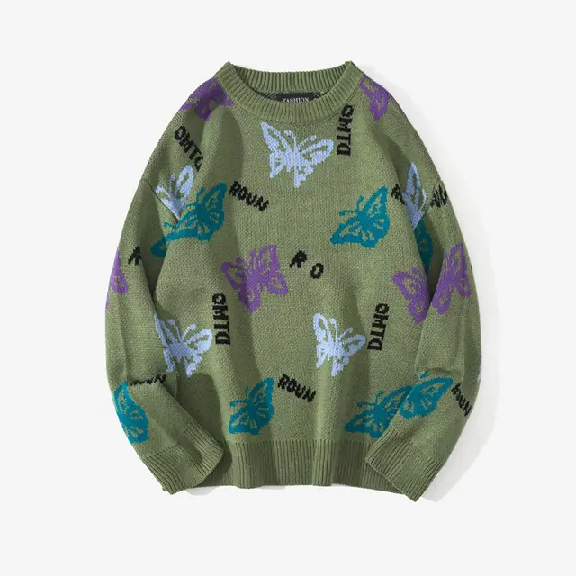 Flowing Butterfly Knitting Vintage Round Neck Long Sleeve Green - Shop at LoveMi