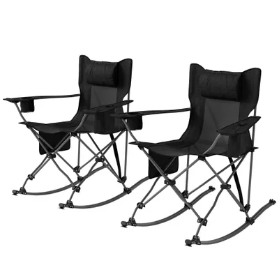 Folding Rocking Camping Chairs, Portable Chairs With Headrest, Cooler Bag, Cup Holder, Carry Bag, 2 Pack, Black Black - Shop at LoveMi