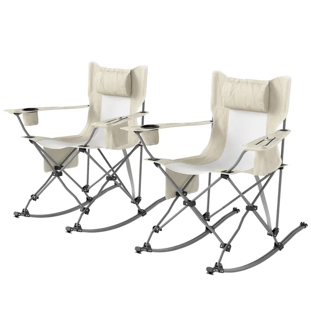 Folding Rocking Camping Chairs, Portable Chairs With Headrest, Cooler Bag, Cup Holder, Carry Bag, 2 Pack, Cream Cream - Shop at LoveMi