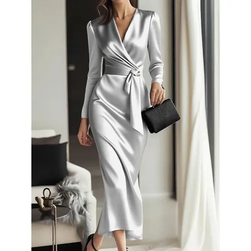 Women's Burgundy Satin Midi Dress Elegant V Neck Long Sleeve Bodycon Dress With Belted Waist Gray - Shop at LoveMi