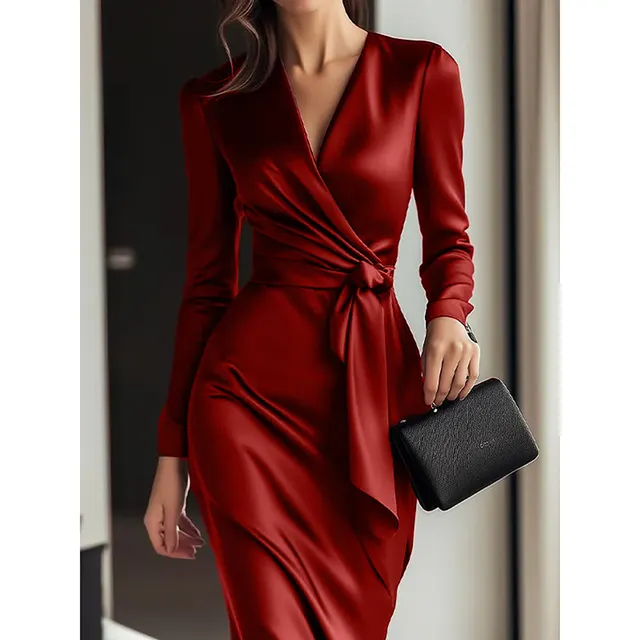 Women's Burgundy Satin Midi Dress Elegant V Neck Long Sleeve Bodycon Dress With Belted Waist Red - Shop at LoveMi