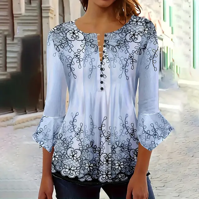 Women's V Neck 3 4 Sleeve T Shirts Button Front Dressy Casual Tees Shirt Tunic Blouses Blue - Shop at LoveMi