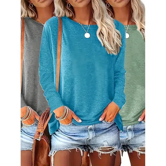 3 Pack Womens Plus Size Long Sleeve Shirts Crew Neck Basic Tee Tops Loose Fit Fall Outfits For Women Gray Green Blue - Shop at LoveMi