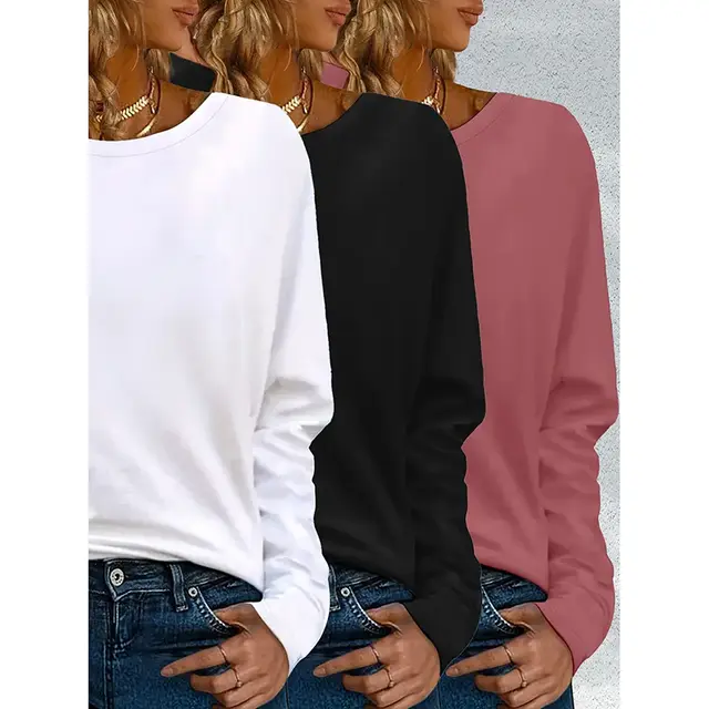 3 Pack Womens Plus Size Long Sleeve Shirts Crew Neck Basic Tee Tops Loose Fit Fall Outfits For Women White Black Fuchsia - Shop at LoveMi