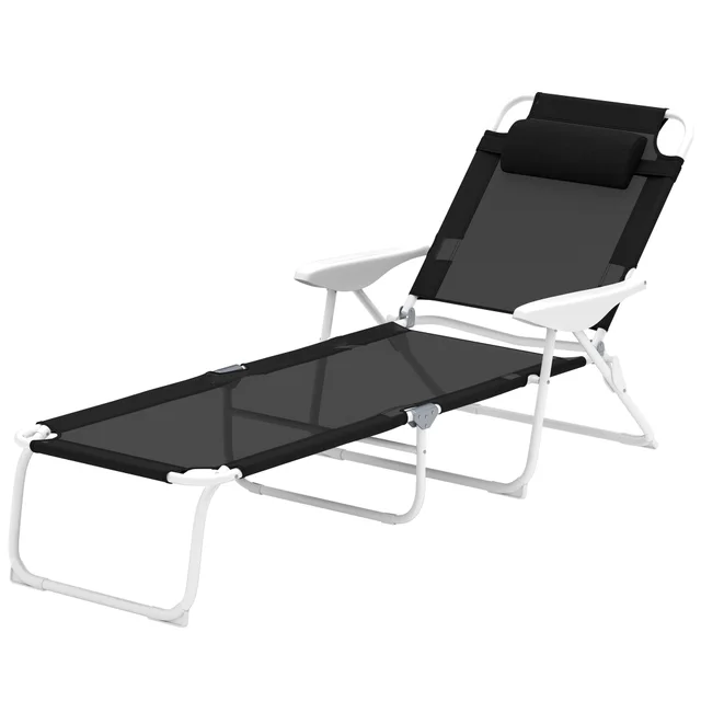 Folding Chaise Lounge, Outdoor Sun Tanning Chair, 4 Position Reclining Back, Armrests, Removable Pillow, Black Black - Shop at LoveMi