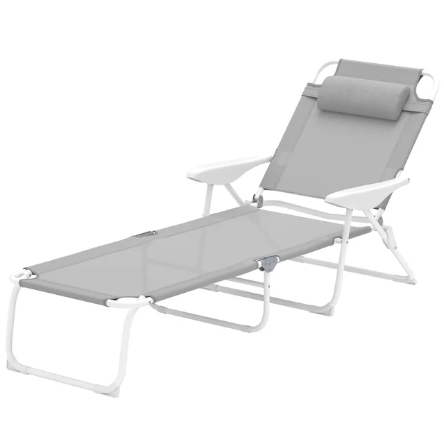 Folding Chaise Lounge, Outdoor Sun Tanning Chair, 4 Position Reclining Back, Armrests, Removable Pillow, Light Gray Gray - Shop at LoveMi