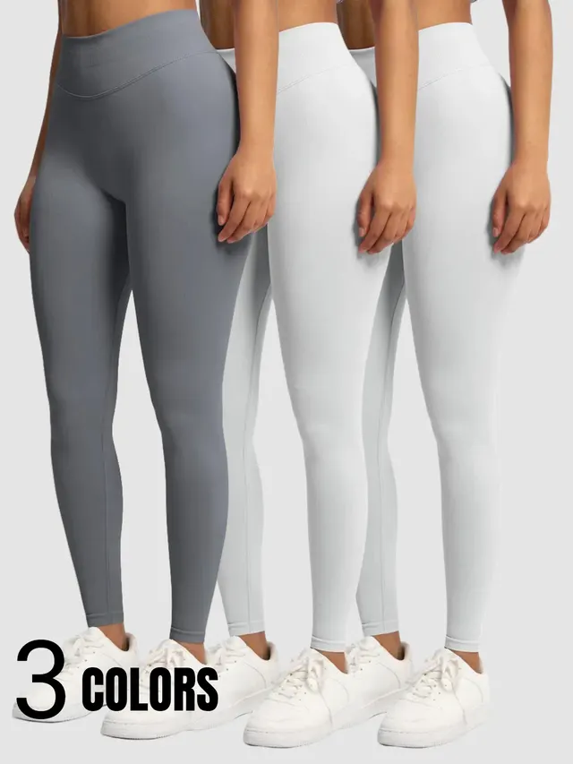 3 Pack Women Elastic Breathable Tummy Control Squat Proof High Waist Yoga Pants Grey White White - Shop at LoveMi