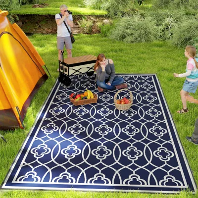 Reversible Outdoor Rug, Waterproof Plastic Straw With Carry Bag, 9 X 18, Blue & White Lantern Blue - Shop at LoveMi