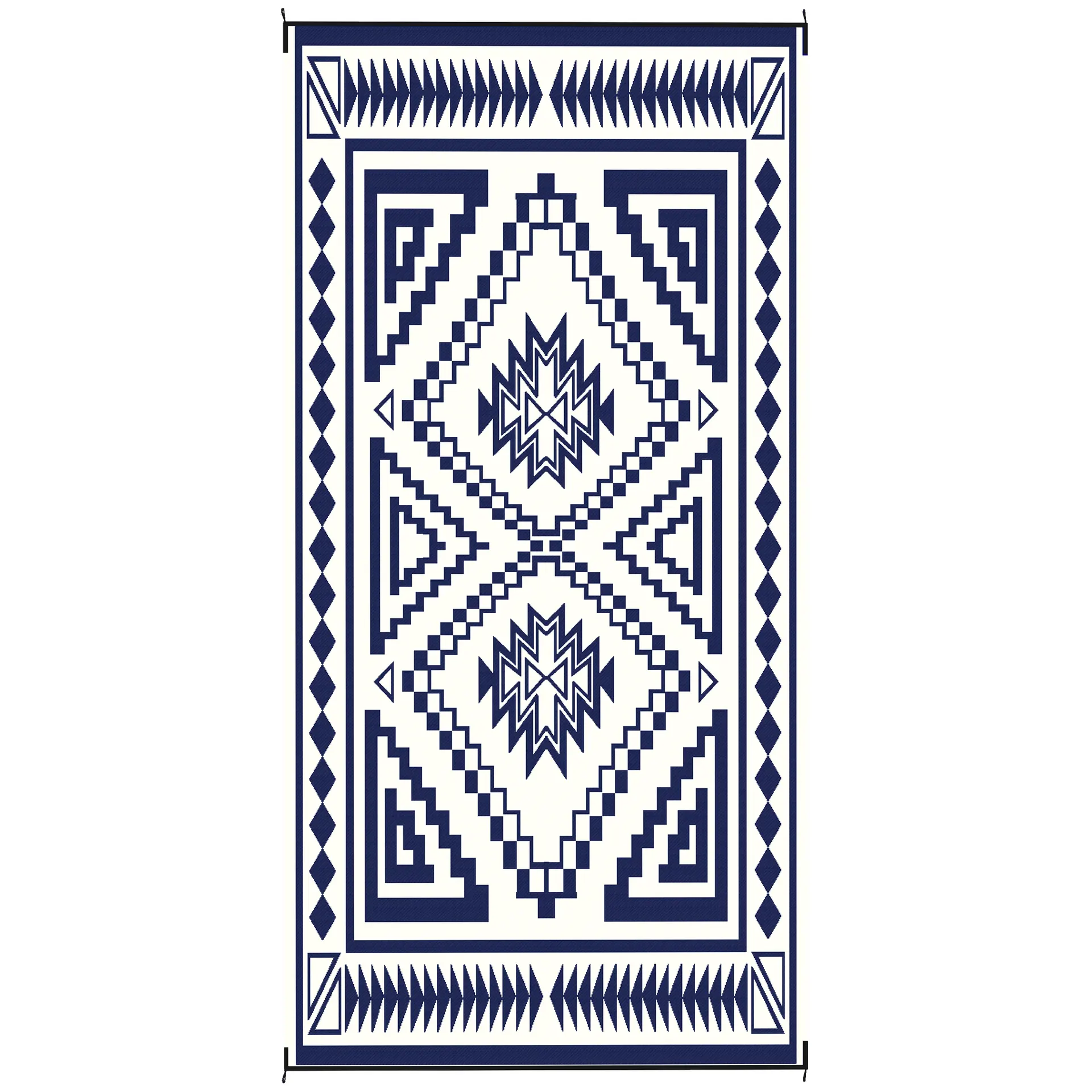 Reversible Outdoor Rug, Waterproof Plastic Straw With Carry Bag, 9 X 18, Blue & White Square Patchwork - Blue