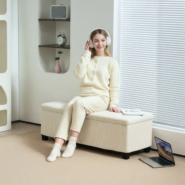 44 Inches Ottoman With Storage, Lid, Legs, Corduroy End Of Bed Bench For Living Room, Bedroom, Entryway, Beige Beige - Shop at LoveMi