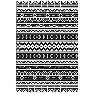 Reversible Outdoor Rug, Waterproof Plastic Straw With Carry Bag, 6 X 9, Black & White Geometric Wall - Black