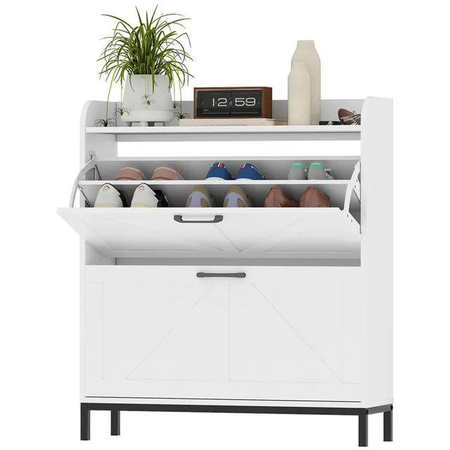 Shoe Cabinet Organizer With 2 Flip Drawers, Legs, Narrow Shoe Storage Cabinet For Entryway, Hallway, White White - Shop at LoveMi