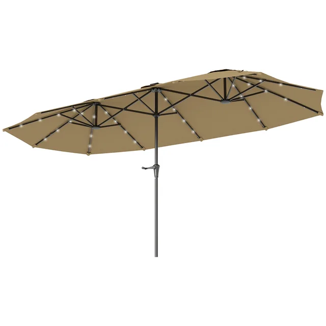 Double Sided Market Umbrella, Large Patio Umbrella With Solar Lights, Crank Handle For Garden, Pool, Yard, Khaki Khaki - Shop at LoveMi