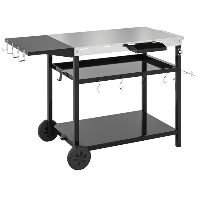 Outdoor Bar Cart Grill Table With Stainless Steel Tabletop, Wheeled Outdoor Serving Cart Prep Table With Storage, Hooks Black - Shop at LoveMi