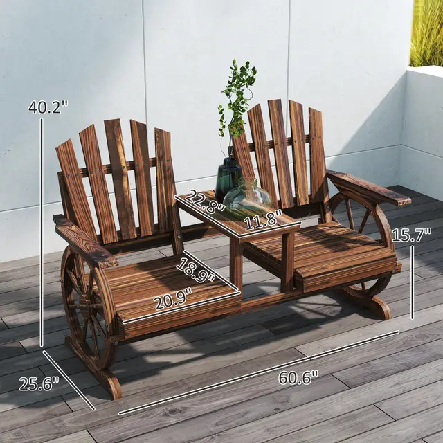 2 Seat Wooden Garden Bench With Table, Umbrella Hole, High Backrest, Armrests For Backyard, Patio, Garden, Carbonized Carbonized - Shop at LoveMi