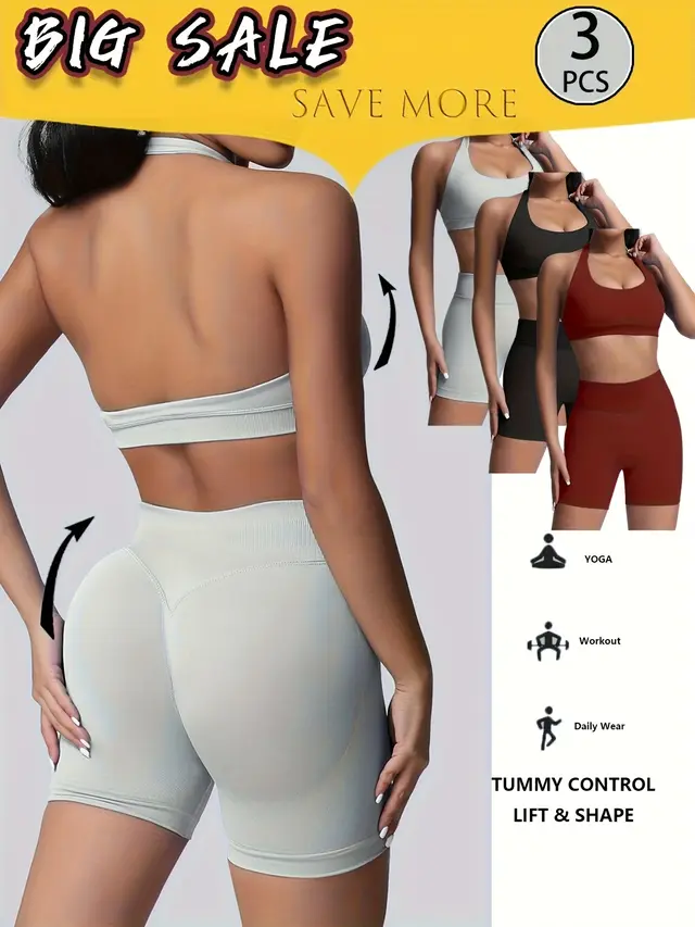 3 Pack Women's Yoga Outfit Sports Bra High Waist Shorts Quick Dry Workout Combo Wine Red Black White - Shop at LoveMi