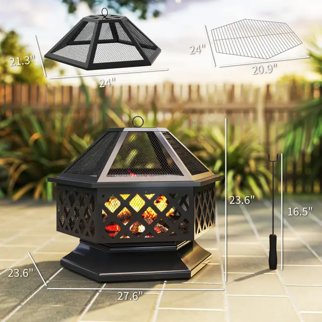 28 Outdoor Fire Pit With Grill Hexagon Fireplace Wood Burning Firepit With Cooking Grate, Fire Poker, Screen Lid Black - Shop at LoveMi