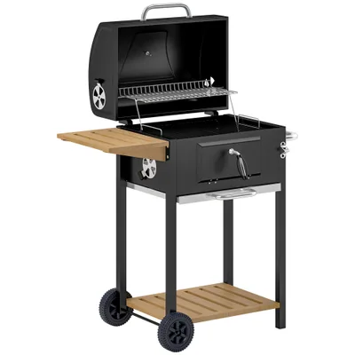 Charcoal BBQ Grill, Outdoor Portable Cooker For Camping Or Backyard Picnic, Barbecue Grill With Side Table, Bottom Storage Shelf, Wheels And Handle... Black - Shop at LoveMi