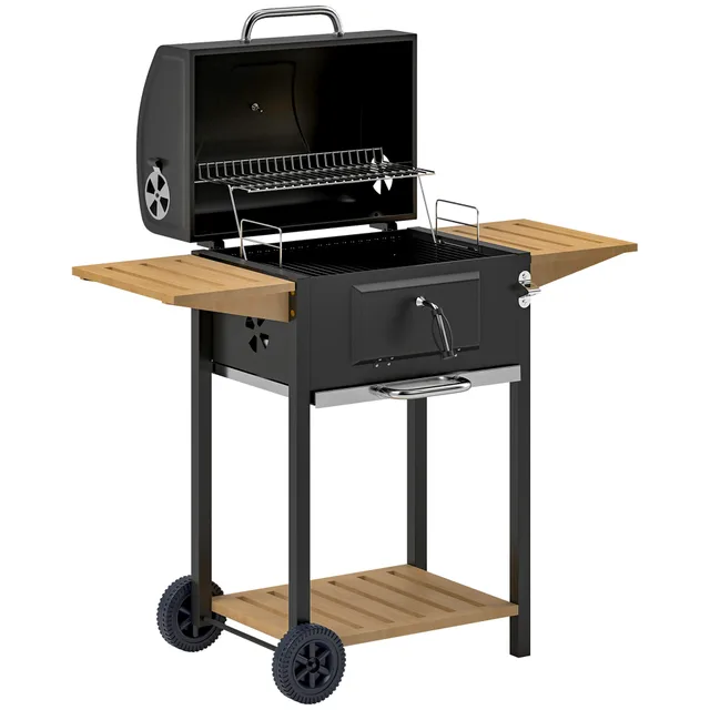 Charcoal BBQ Grill With 245 Sq. In. Cooking Area, Adjustable Charcoal Pan, 3 Shelves, Thermometer, Black Black - Shop at LoveMi