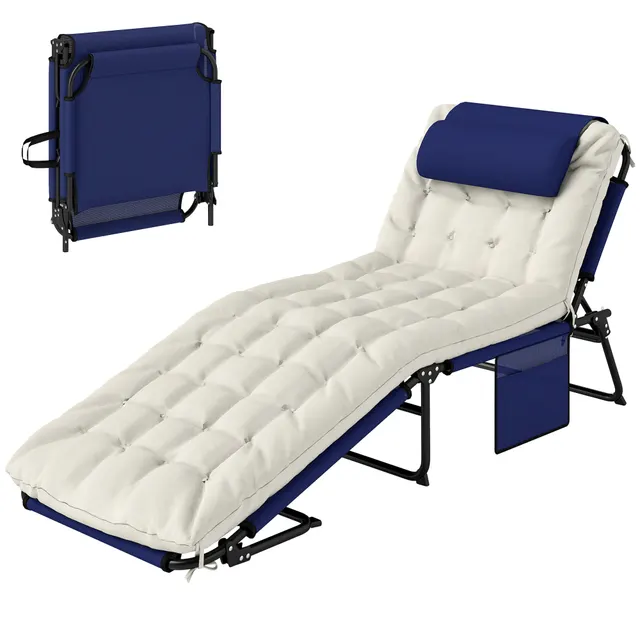 Folding Chaise Lounge Pool Chair With 4 level Reclining Back, Cushion, Side Pocket, Headrest, Navy Blue Blue - Shop at LoveMi