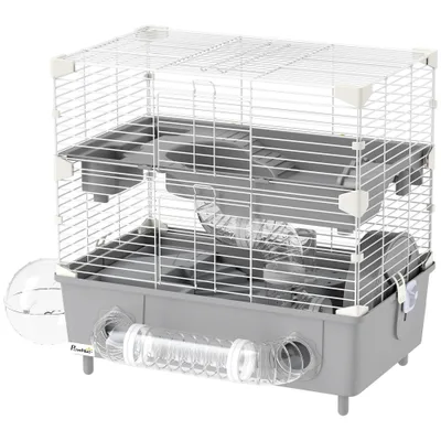 2 Tier Hamster Cage With Sand Bathroom, Running Wheel, Water Bottle, Tubes, Accessories, For Hamster, Gray Gray - Shop at LoveMi
