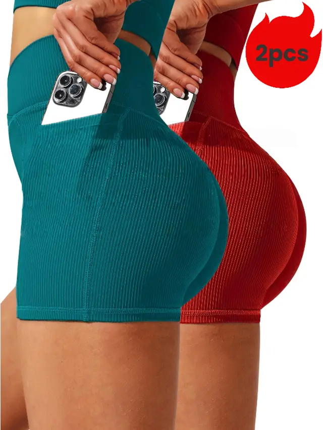 2 Pack Yoga Shorts For Women High Waisted Workout Shorts, Breathable & Stretchy Red Green - Shop at LoveMi