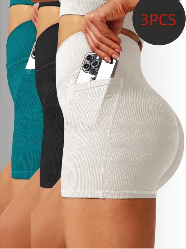 3 Pack Seamless Yoga Shorts High Waisted Tummy Control, Quick Dry For Gym & Running Green Black White - Shop at LoveMi