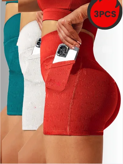 3 Pack Seamless Yoga Shorts High Waisted Tummy Control, Quick Dry For Gym & Running Red - Shop at LoveMi