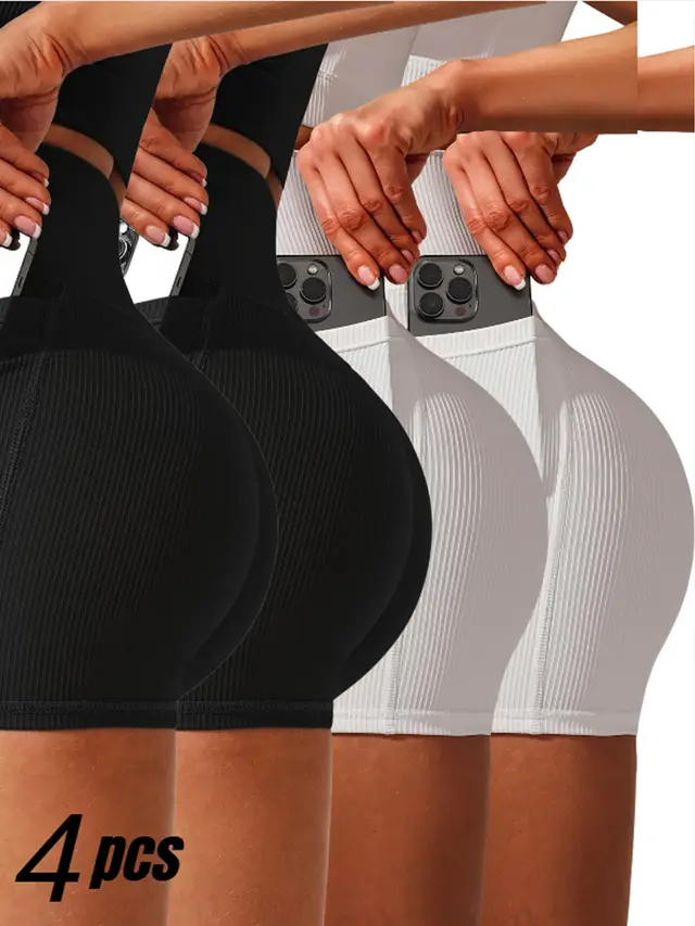 4 Pack Women's Yoga Shorts Value Set High Waisted Quick Dry & Seamless, Must Have For Workouts 2Black 2White - Shop at LoveMi