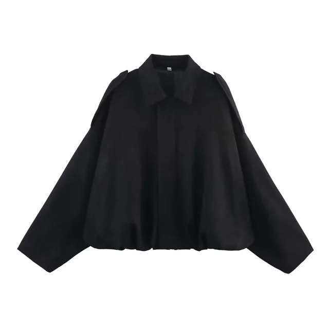 Women's Solid Color Notch Lapel Batwing Sleeve Zip Up Jacket Casual Pilot Style Cropped Top Balck - Shop at LoveMi