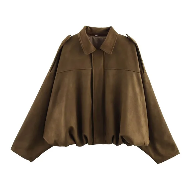 Women's Solid Color Notch Lapel Batwing Sleeve Zip Up Jacket Casual Pilot Style Cropped Top Dark Brown - Shop at LoveMi