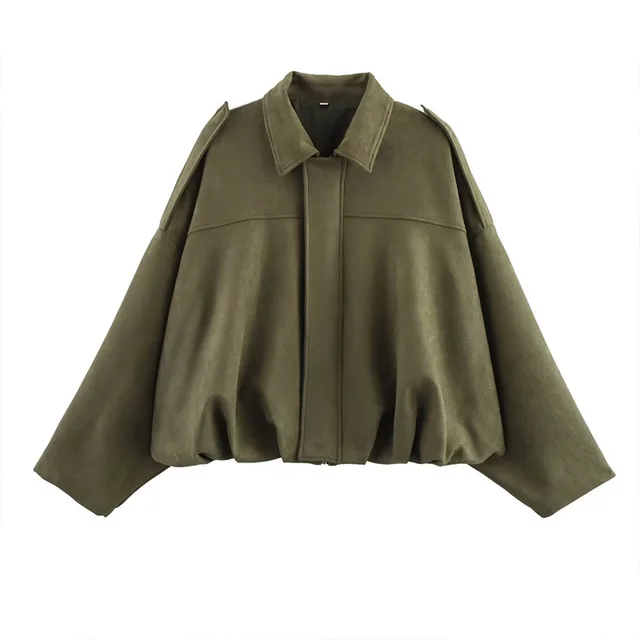 Women's Solid Color Notch Lapel Batwing Sleeve Zip Up Jacket Casual Pilot Style Cropped Top Green - Shop at LoveMi