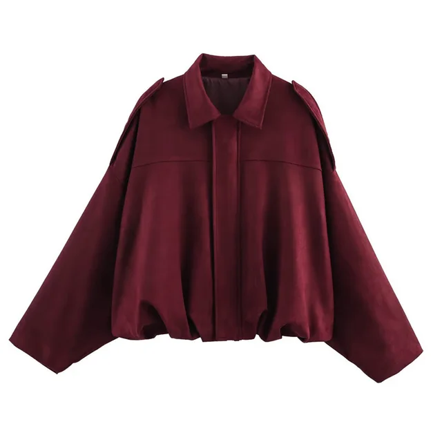 Women's Solid Color Notch Lapel Batwing Sleeve Zip Up Jacket Casual Pilot Style Cropped Top Red - Shop at LoveMi