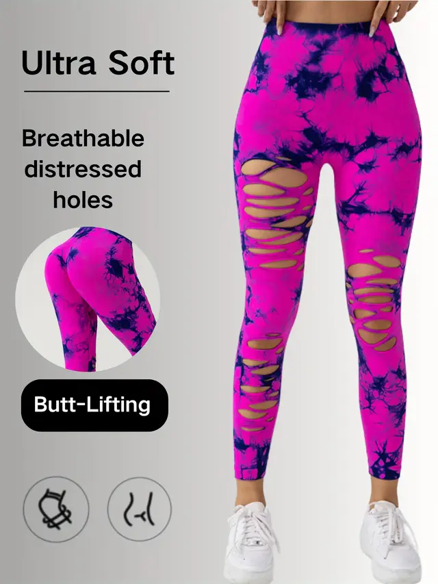 New Style Women's High Waisted Yoga Leggings With Hollow Out & Tie Dye Design Rose Red - Shop at LoveMi