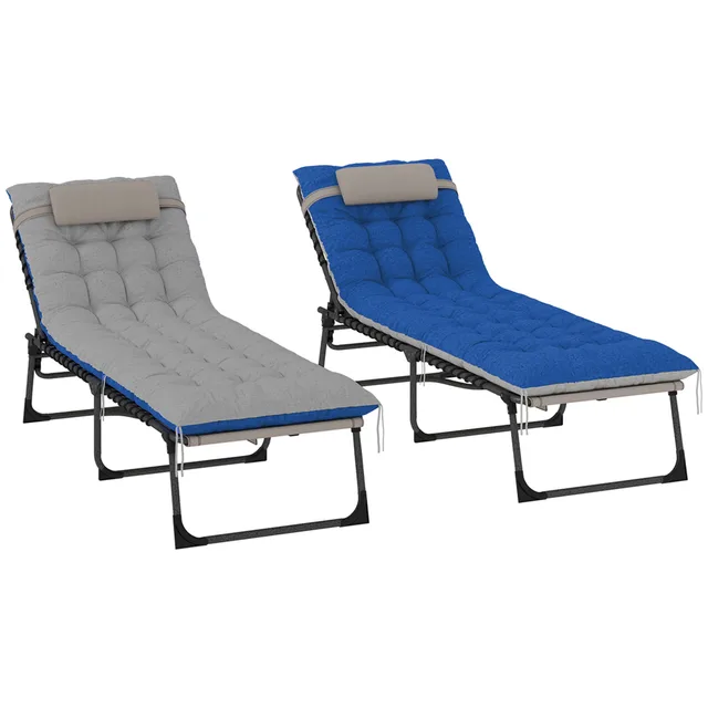 Outdoor Chaise Lounge Chair Set Of 2, 5 Level Adjustable Folding Pool Lounge Chairs With Cushions, Brown Blue Brown Blue - Shop at LoveMi