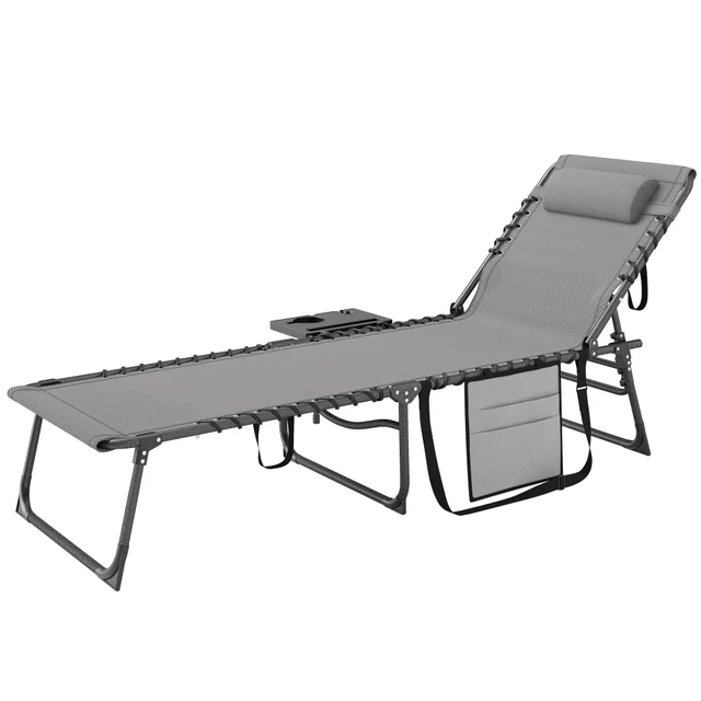 Folding Outdoor Chaise Lounge Chair Tanning Chair With 5 Level Adjustable Back, Side Table, Pillow, Pocket, Gray Gray - Shop at LoveMi